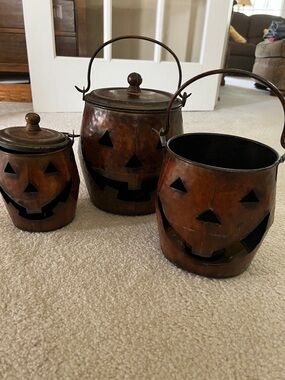 Halloween Pumpkin Metal Lantern Trio - Rustic Brown Decorative Buckets - Used